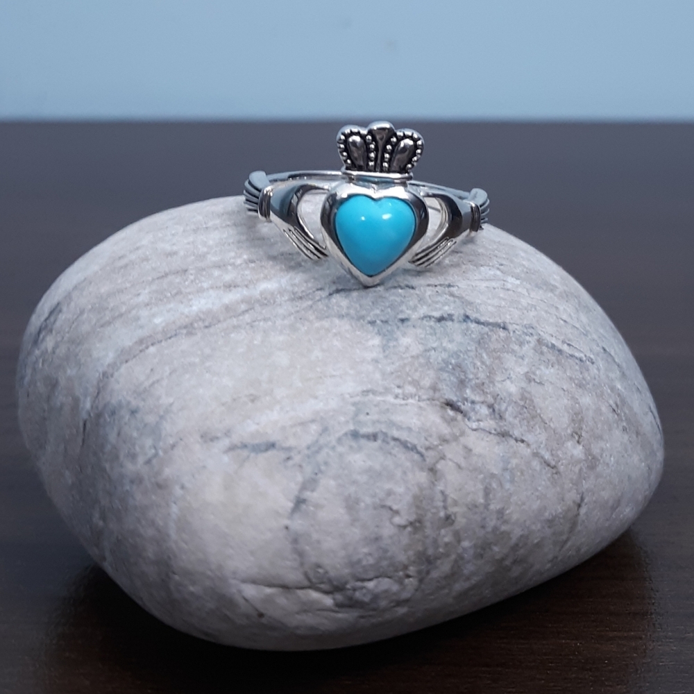 Sz 9 JMH Ireland Claddagh Ring Sterling Silver Sleeping Beauty Turquoise Heart - Picture 9 of 16